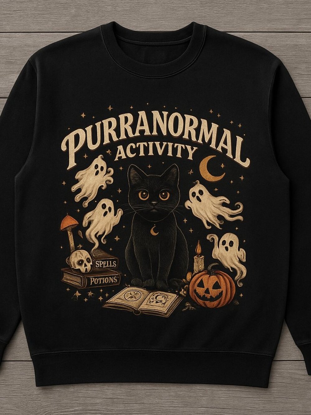 Purranormal Activity Black Cat Halloween Sweatshirt | Ghosts Pumpkin Gothic